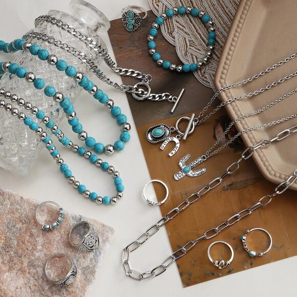 Bohemian Jewelry Set With Turquoise Necklace, Dangle Earrings, Stackable Bangle - Picture 7 of 8